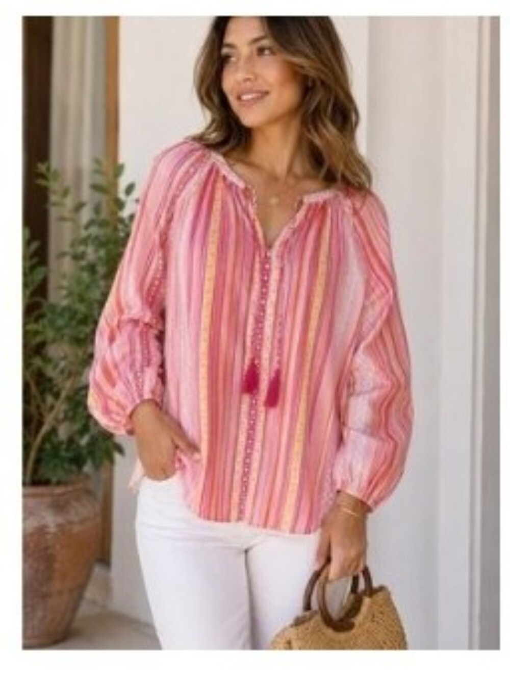 Belle by Kim Gravel Pink Striped Peasant Tunic with Tassel Tie